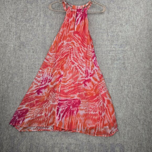 Calvin Klein Womens Halter Neck Dress Coral Pink Orange Abstract Chain Detail - Picture 2 of 7